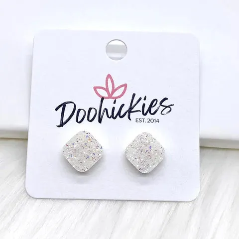 10mm Glitter Square Earrings - Shimmer White