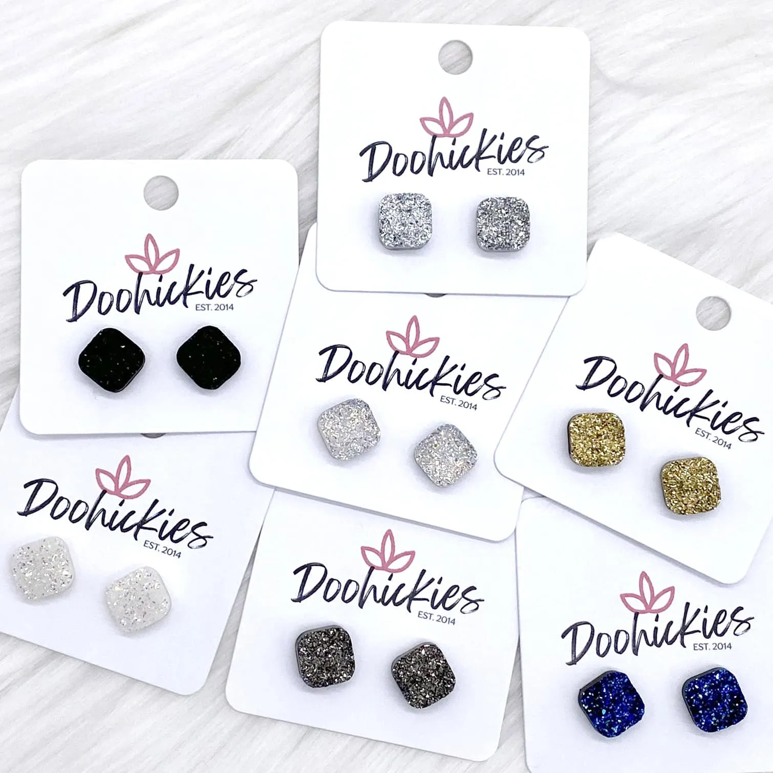 10mm Glitter Square Earrings - Shimmer White