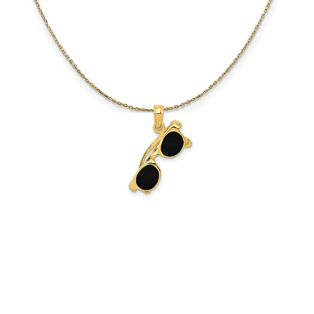 14k Yellow Gold 3D Black Enameled Moveable Sunglasses Necklace