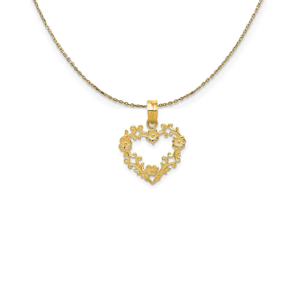 14k Yellow Gold Floral Cutout Heart Necklace