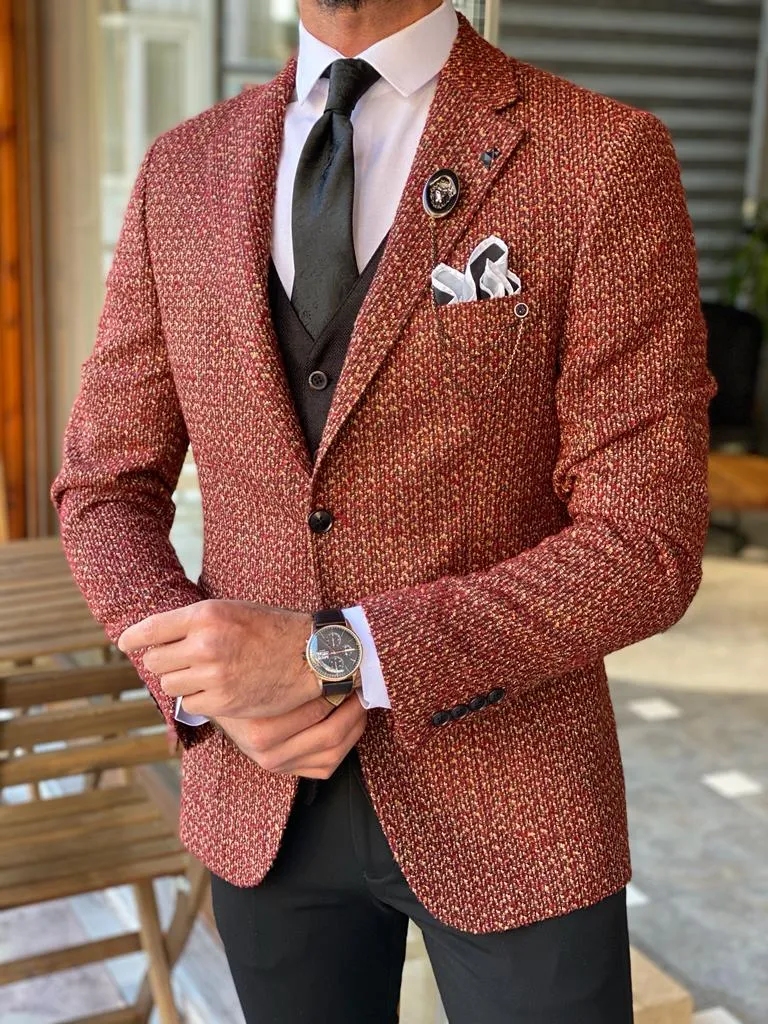 Abruzzo Brown Slim Fit Patterned Wool Blazer