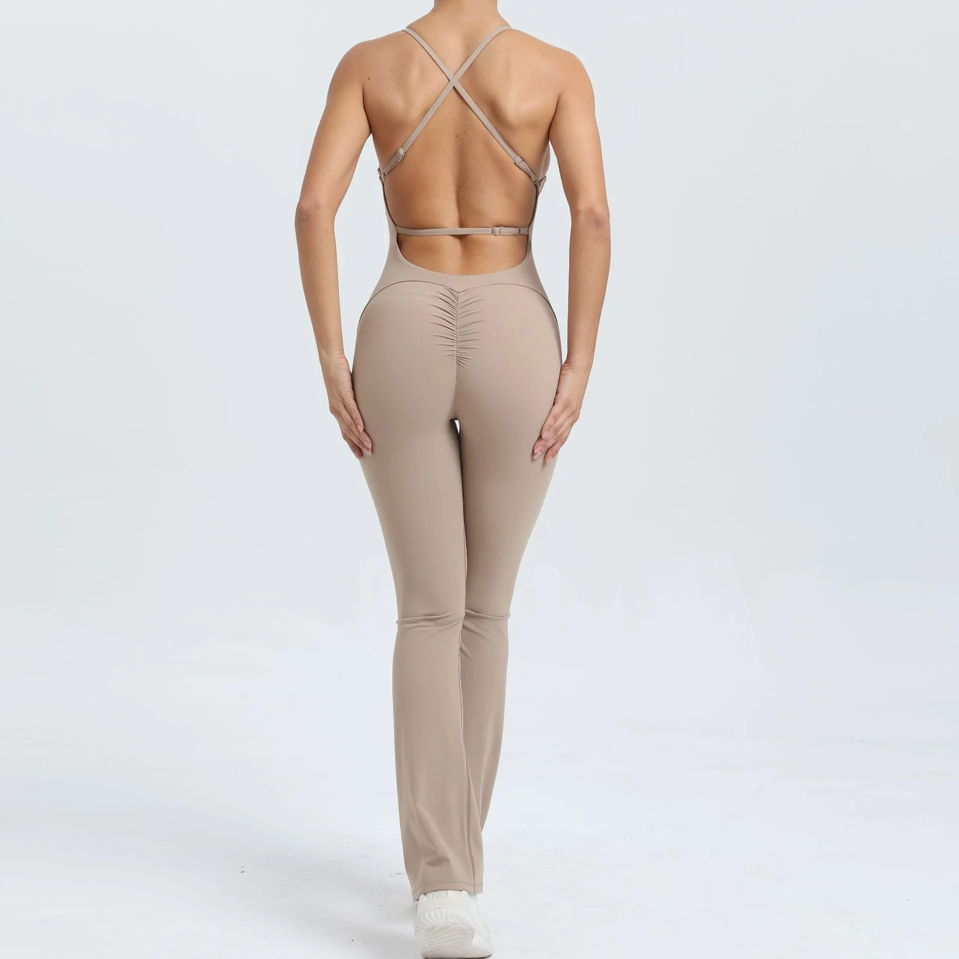 Adjustable strap back flared one-piece yoga suit