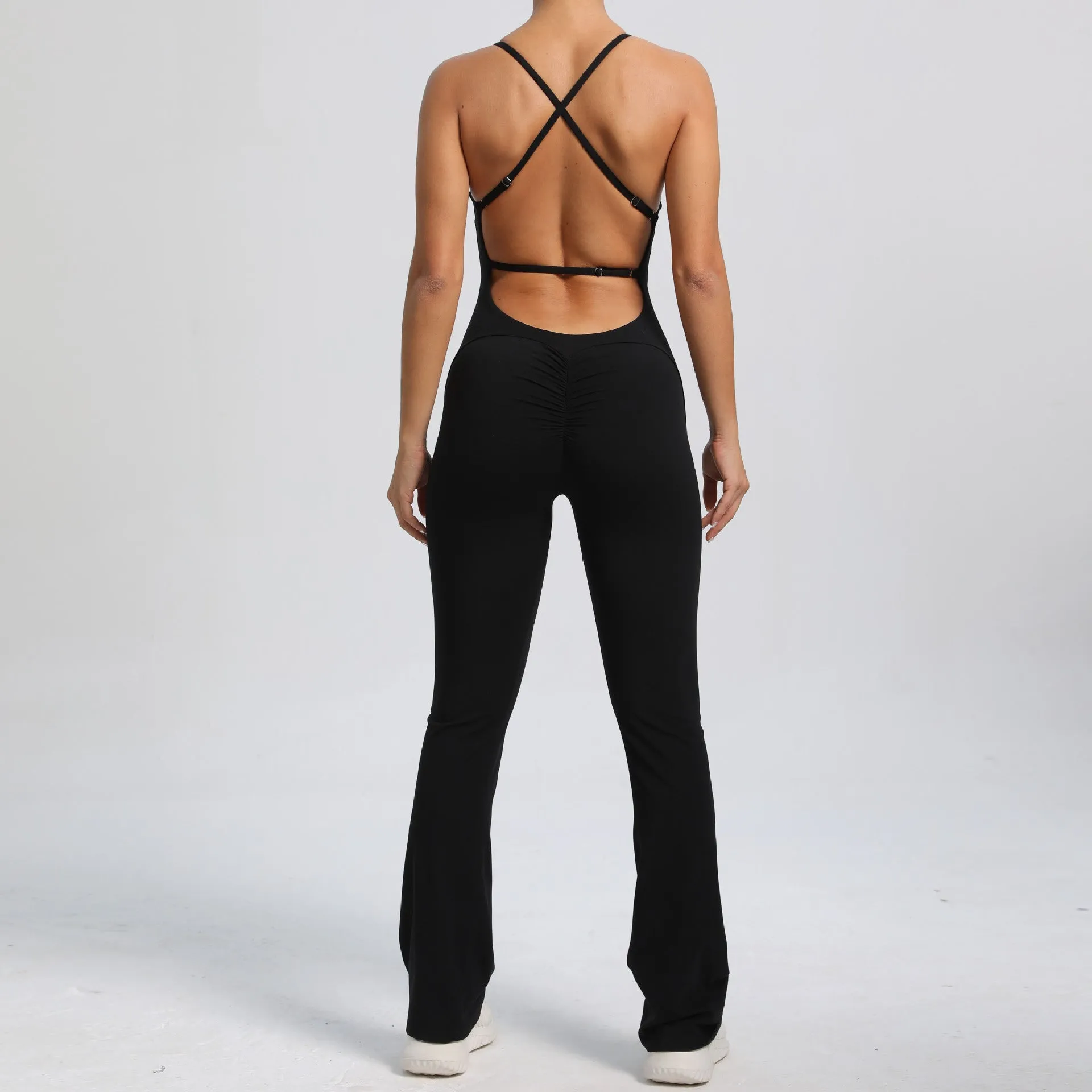 Adjustable strap back flared one-piece yoga suit