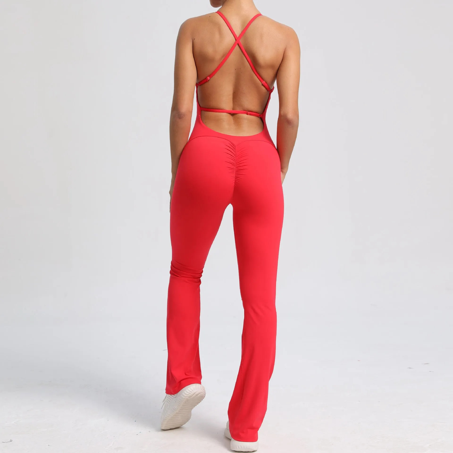 Adjustable strap back flared one-piece yoga suit