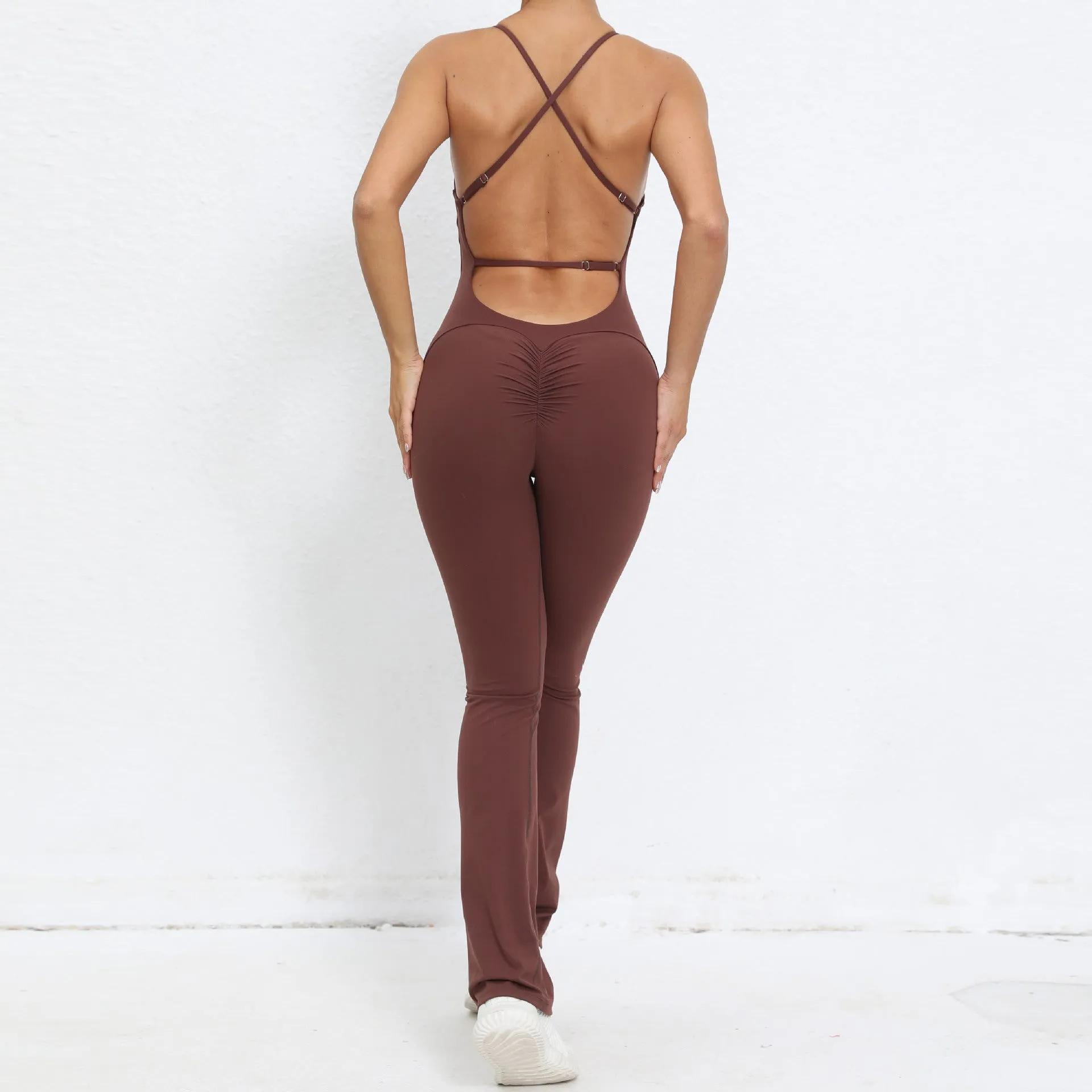 Adjustable strap back flared one-piece yoga suit