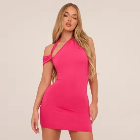 Asymmetric One Shoulder Open Back Mini Bodycon Dress In Hot Pink Slinky