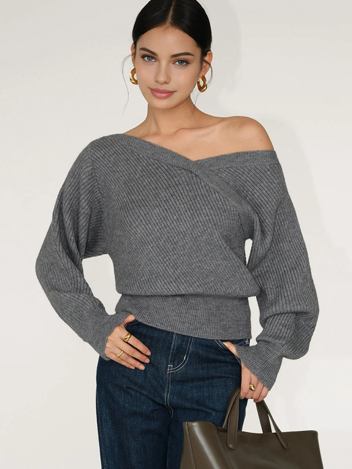 Asymmetrical Criss Cross Ribbed Sweater