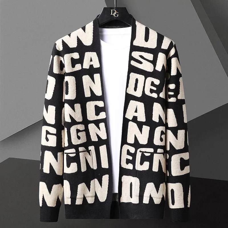 Autumn Korean Men's Striped Letter O-neck Knitted Cardigan Jacket Sweaters