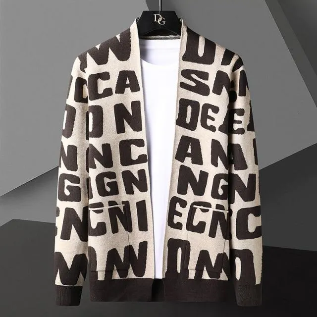 Autumn Korean Men's Striped Letter O-neck Knitted Cardigan Jacket Sweaters