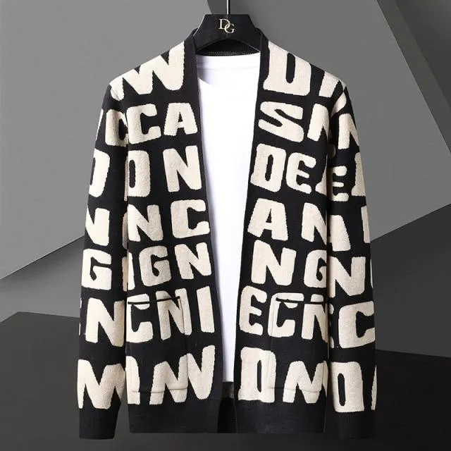 Autumn Korean Men's Striped Letter O-neck Knitted Cardigan Jacket Sweaters