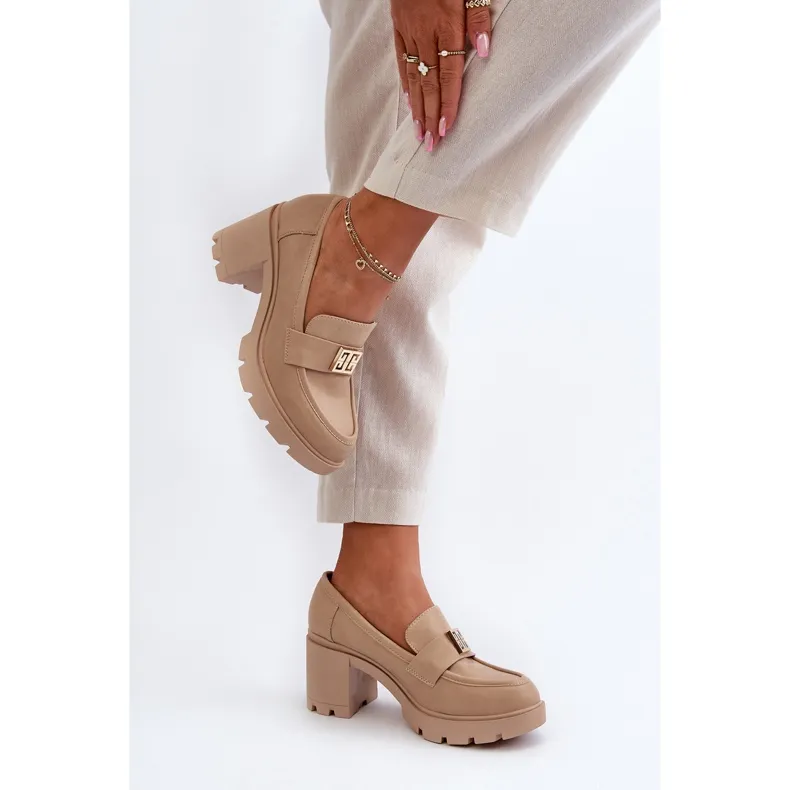 Beige Ranunca Women's Shoes With Chunky Heels With Decoration