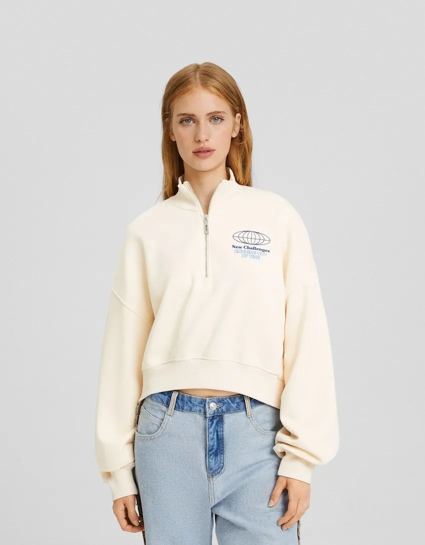 Bershka  |Long Sleeves Cotton Logo Hoodies & Sweatshirts