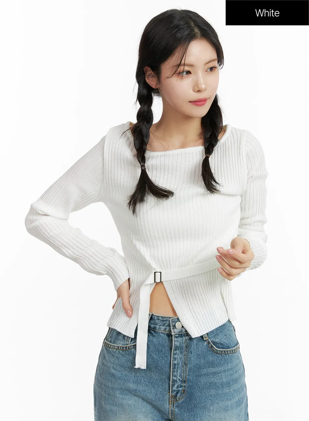 Boat Neck Buckle Knit Top OF414