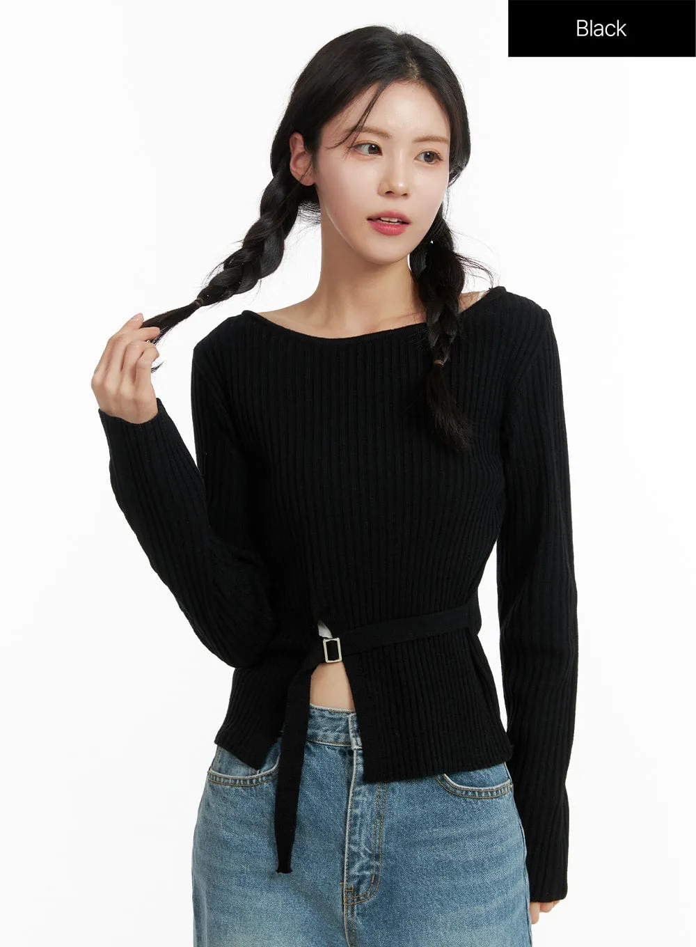 Boat Neck Buckle Knit Top OF414