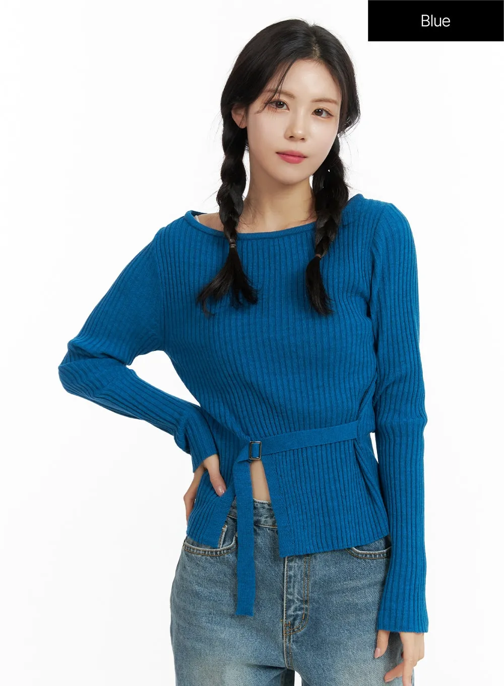 Boat Neck Buckle Knit Top OF414