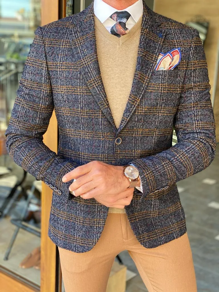 Bojoni Morris Blue Slim Fit Plaid Wool Blazer