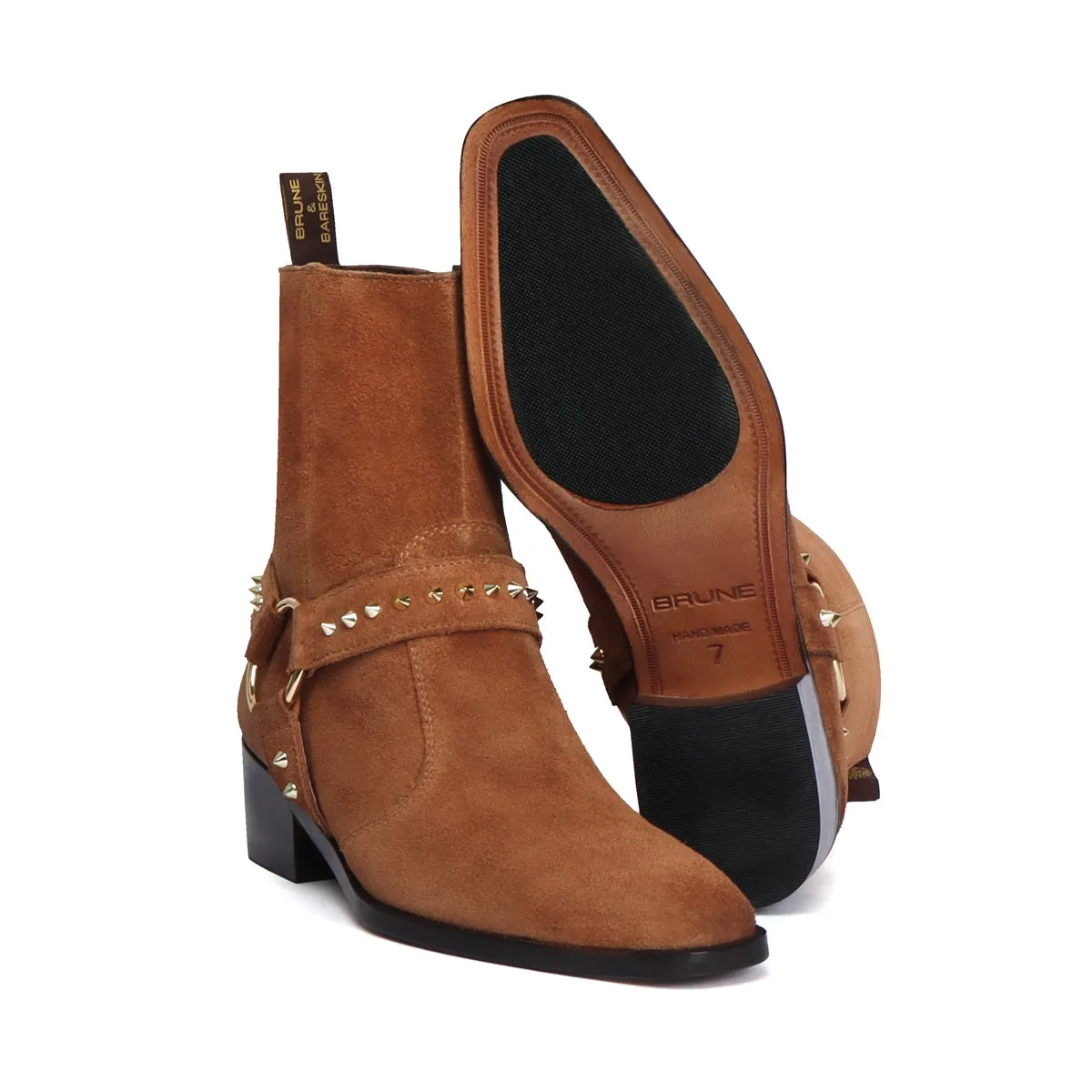 Brown Studded Boots in Suede Leather perfect Cuban heel Side Zipper by Brune & Bareskin