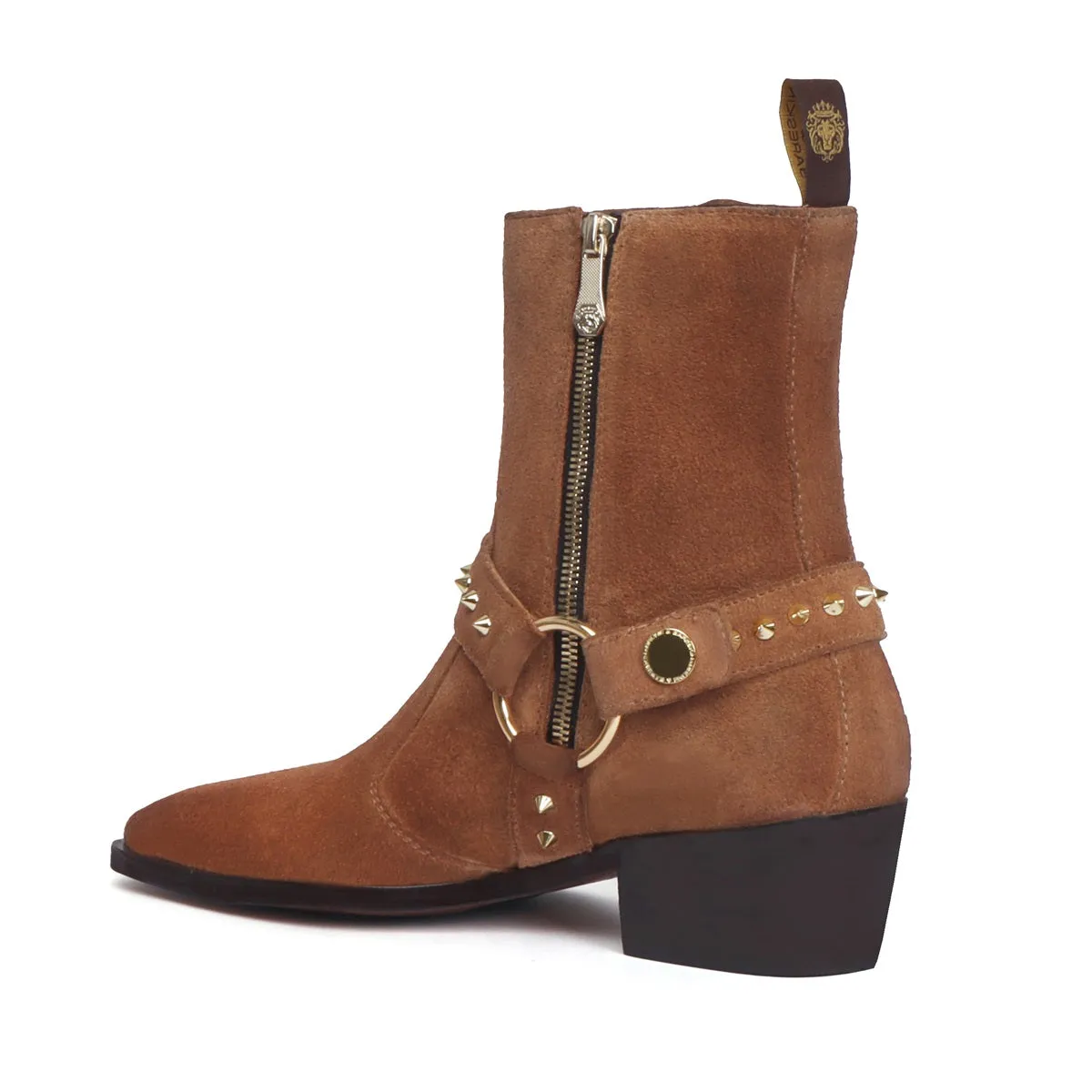 Brown Studded Boots in Suede Leather perfect Cuban heel Side Zipper by Brune & Bareskin