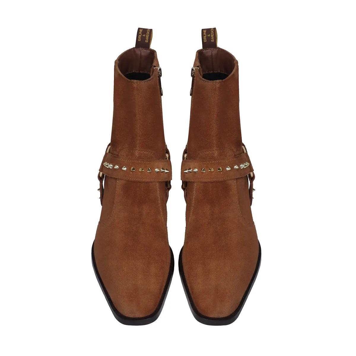 Brown Studded Boots in Suede Leather perfect Cuban heel Side Zipper by Brune & Bareskin