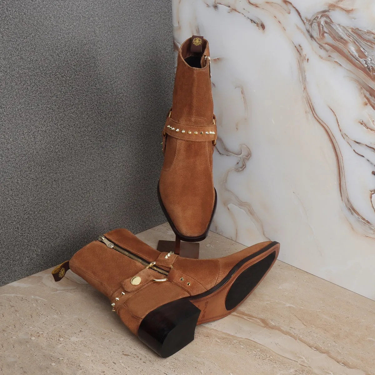 Brown Studded Boots in Suede Leather perfect Cuban heel Side Zipper by Brune & Bareskin