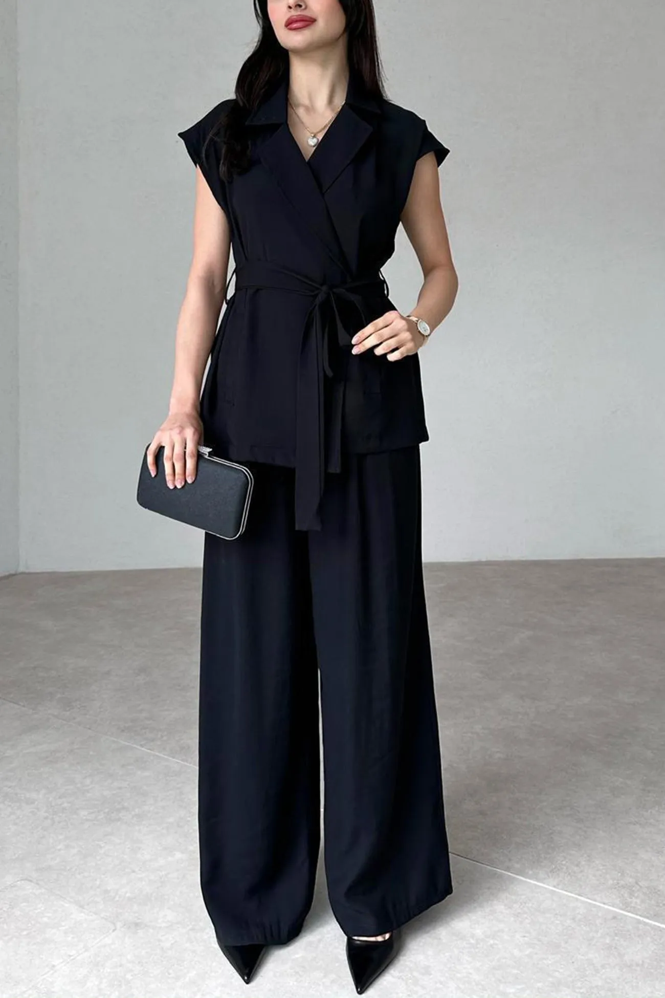 Cap Sleeve Tie-waist Suit Pants Set