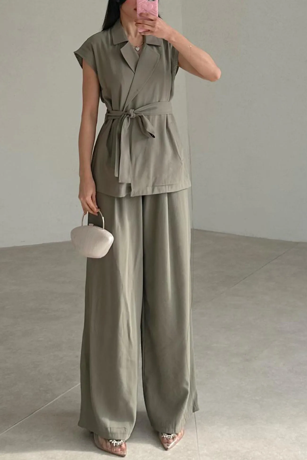 Cap Sleeve Tie-waist Suit Pants Set