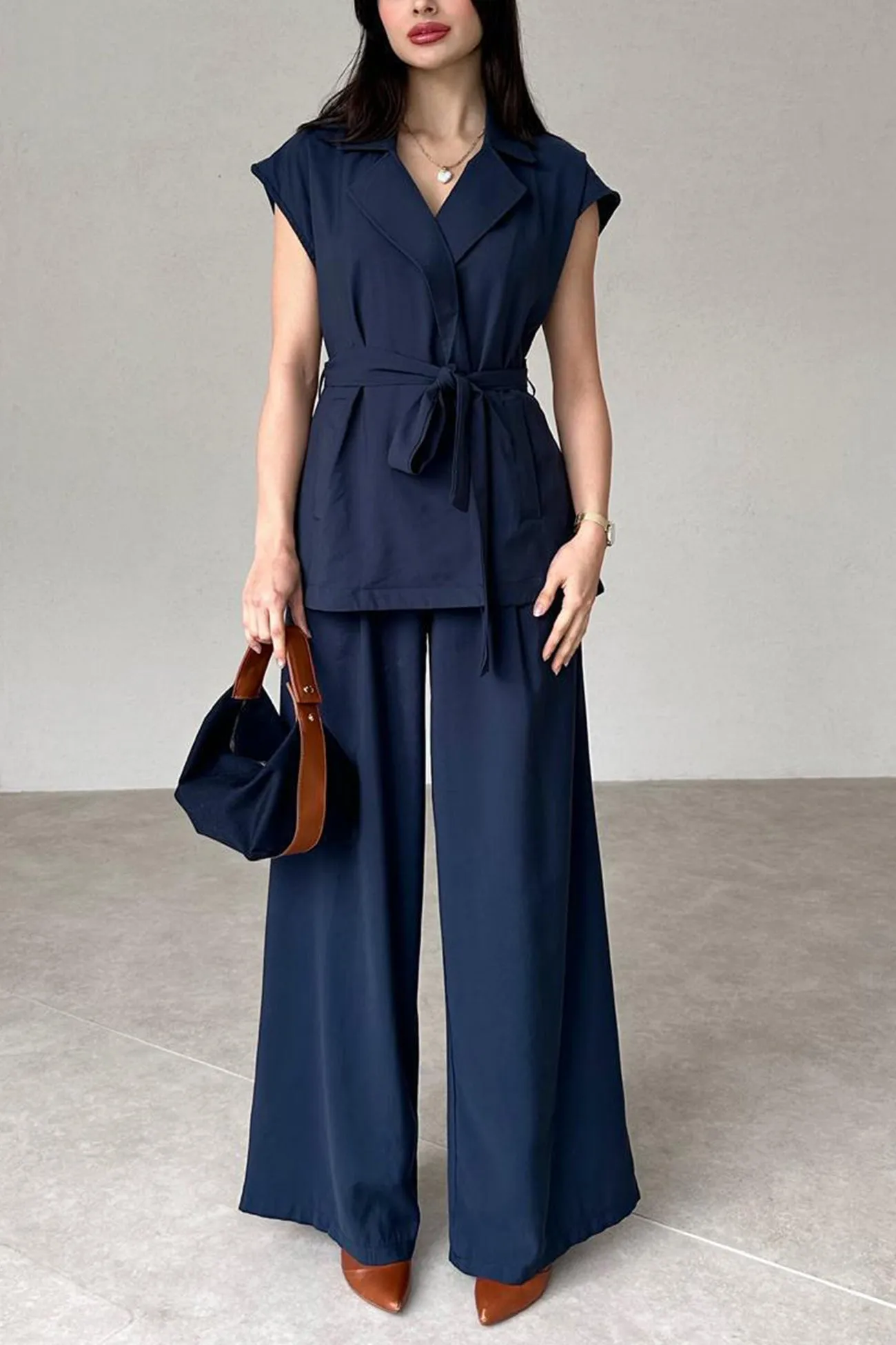 Cap Sleeve Tie-waist Suit Pants Set