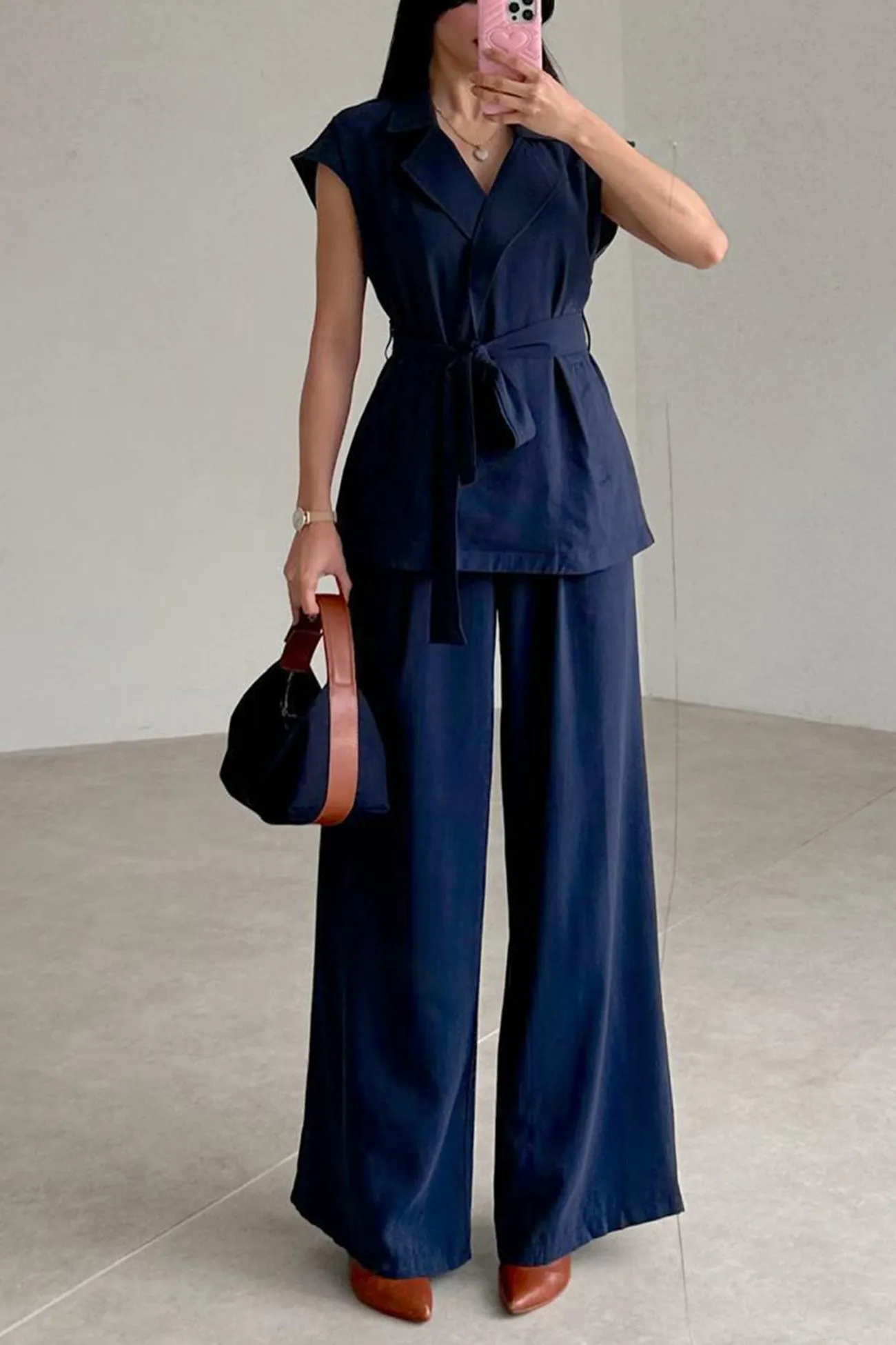 Cap Sleeve Tie-waist Suit Pants Set