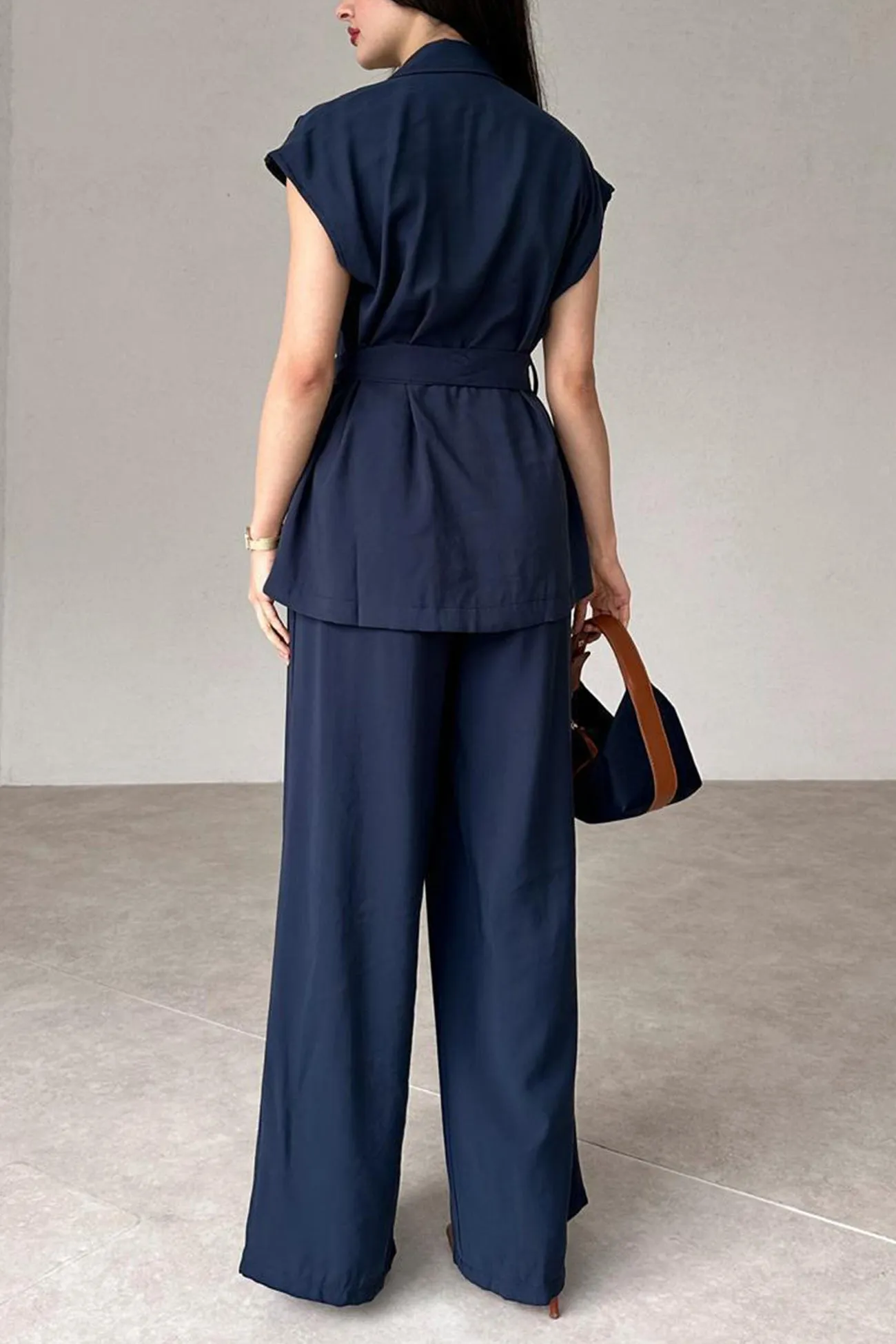 Cap Sleeve Tie-waist Suit Pants Set