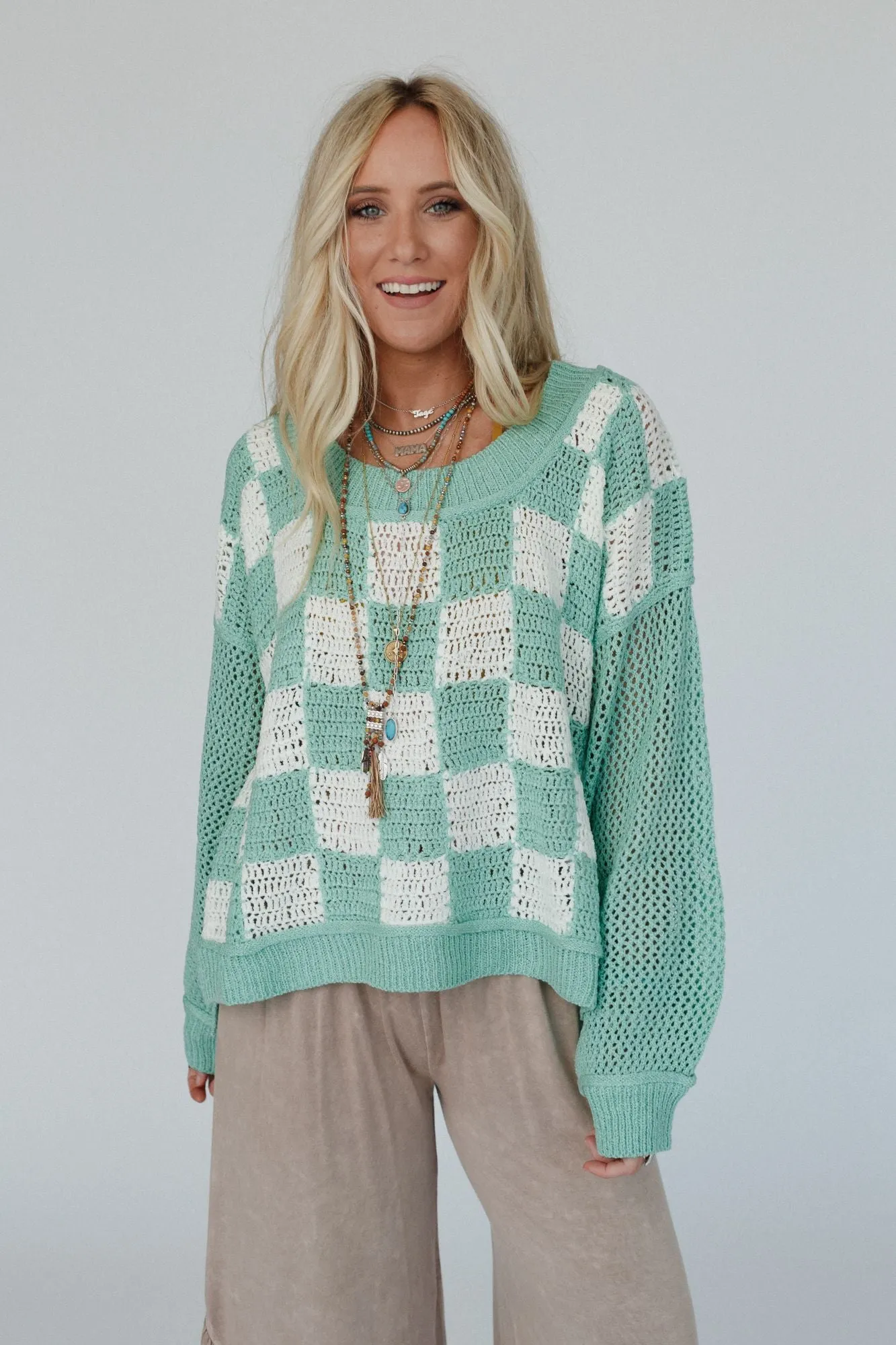 Checkered Charm Top - Aqua