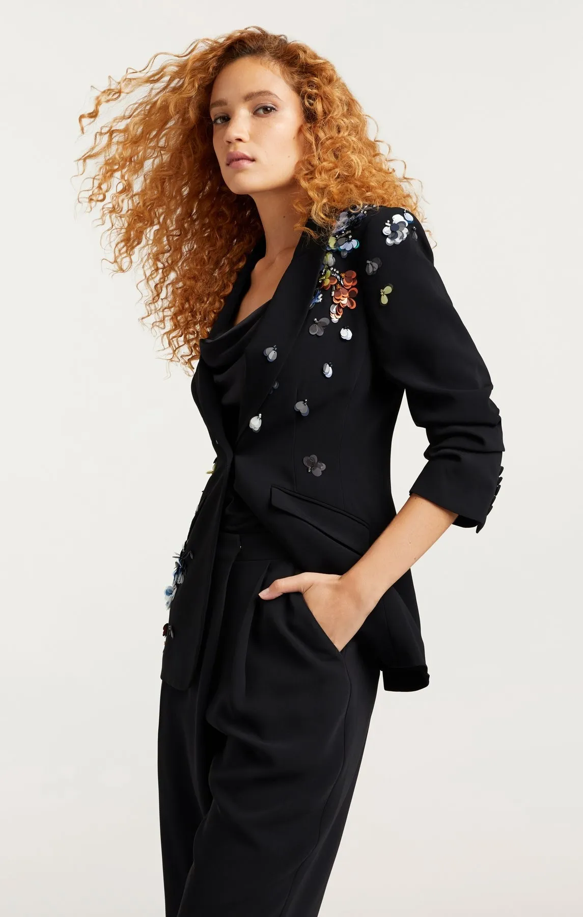 Cinq A Sept Sequin Flower Scrunched Cheyenne Blazer in Black/Multi