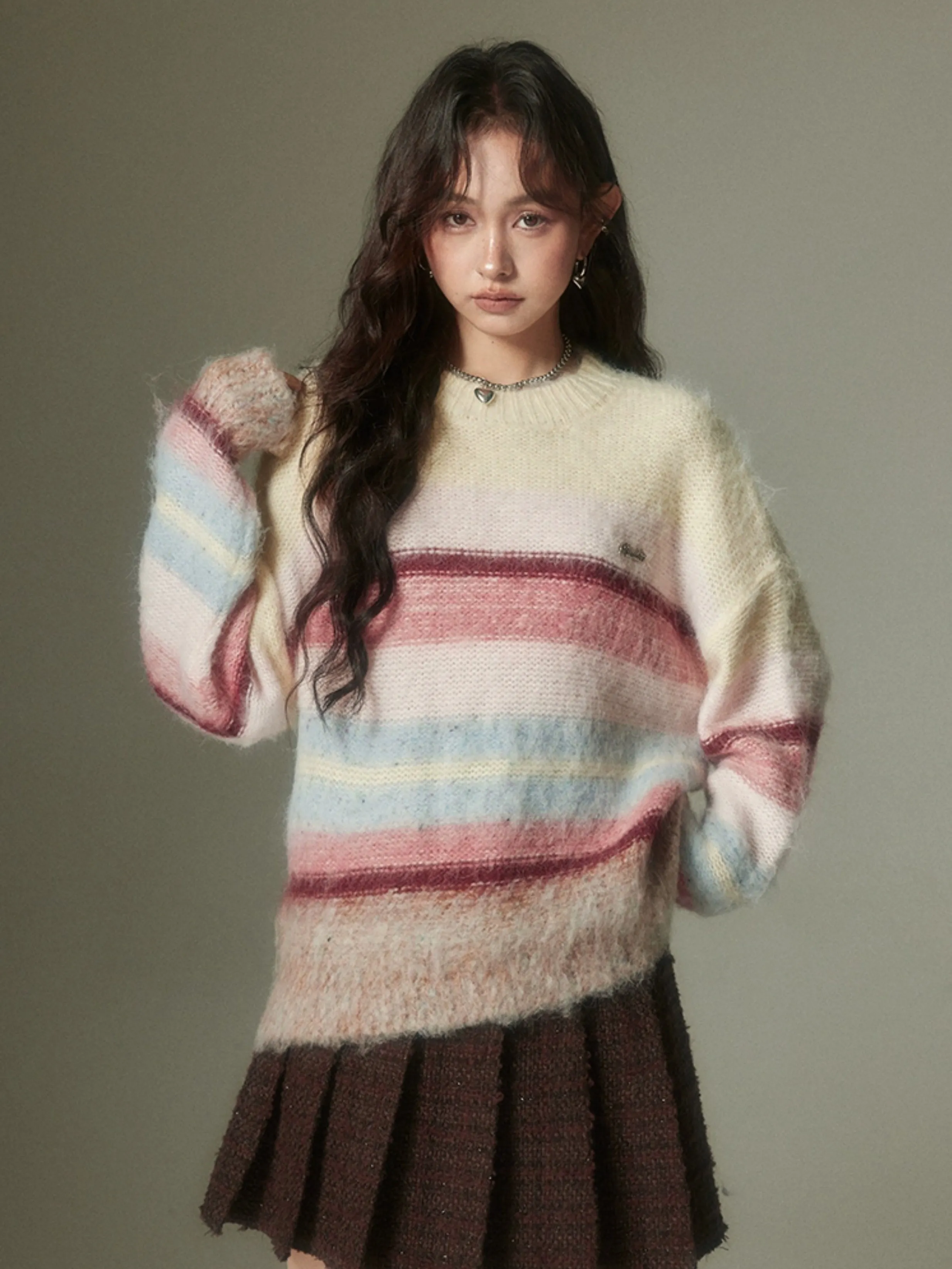 Colorful Border Round Neck Sweater