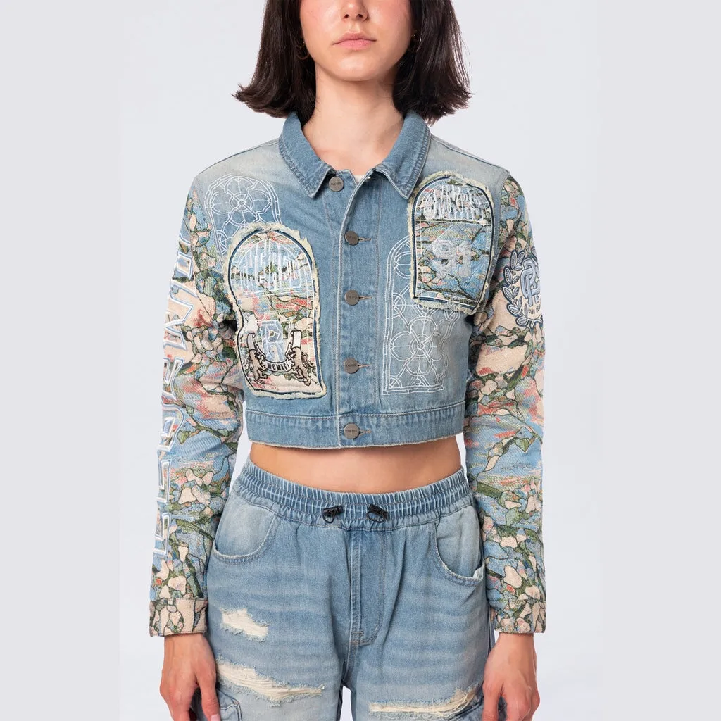 Cropped Tapestry Denim Jacket - Seymour Blue