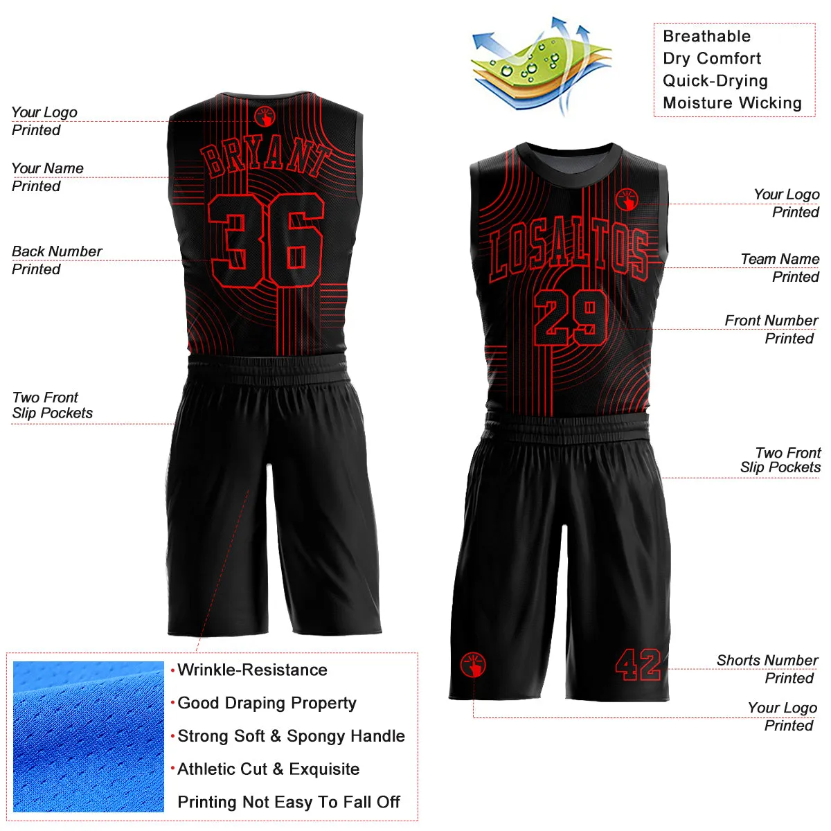 Custom Black Red Tracks Round Neck Sublimation Basketball Suit Jersey