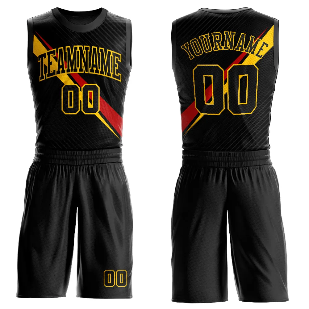 Custom Black Yellow-Red Diagonal Lines Round Neck Sublimation Basketball Suit Jersey