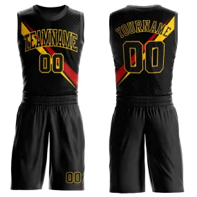 Custom Black Yellow-Red Diagonal Lines Round Neck Sublimation Basketball Suit Jersey