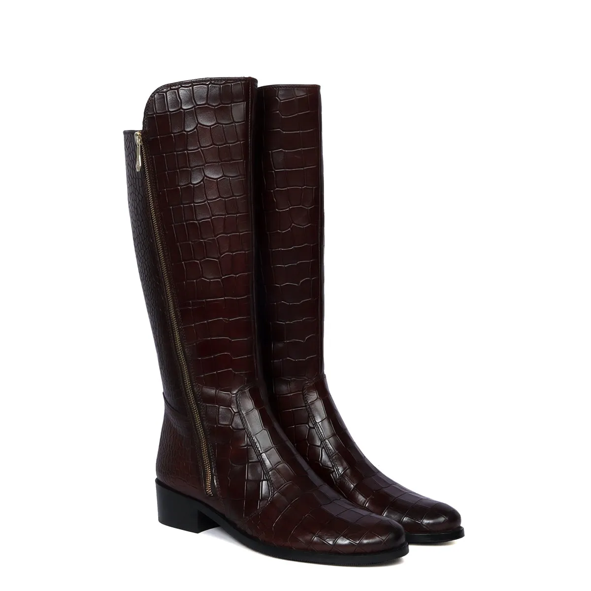 Cut Croco Textured Dark Brown Leather Ladies Long Zipper Boots With Leather Sole By Brune & Bareskin