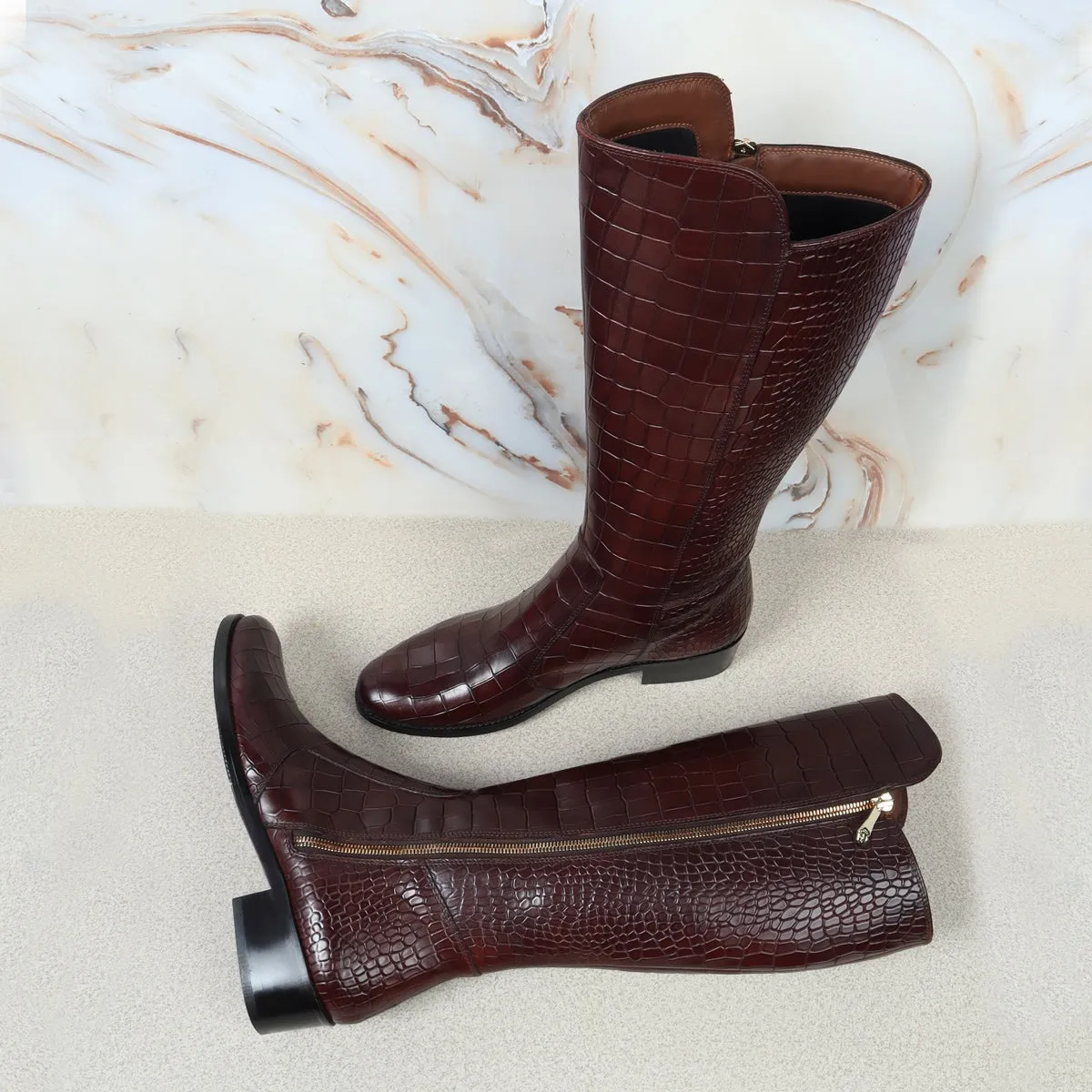 Cut Croco Textured Dark Brown Leather Ladies Long Zipper Boots With Leather Sole By Brune & Bareskin