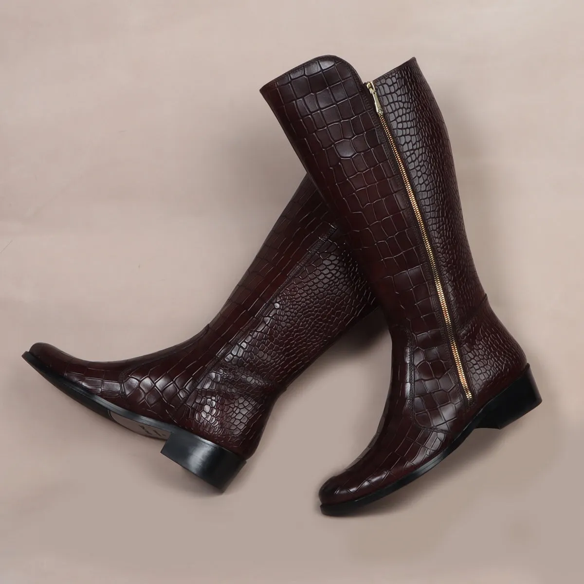 Cut Croco Textured Dark Brown Leather Ladies Long Zipper Boots With Leather Sole By Brune & Bareskin