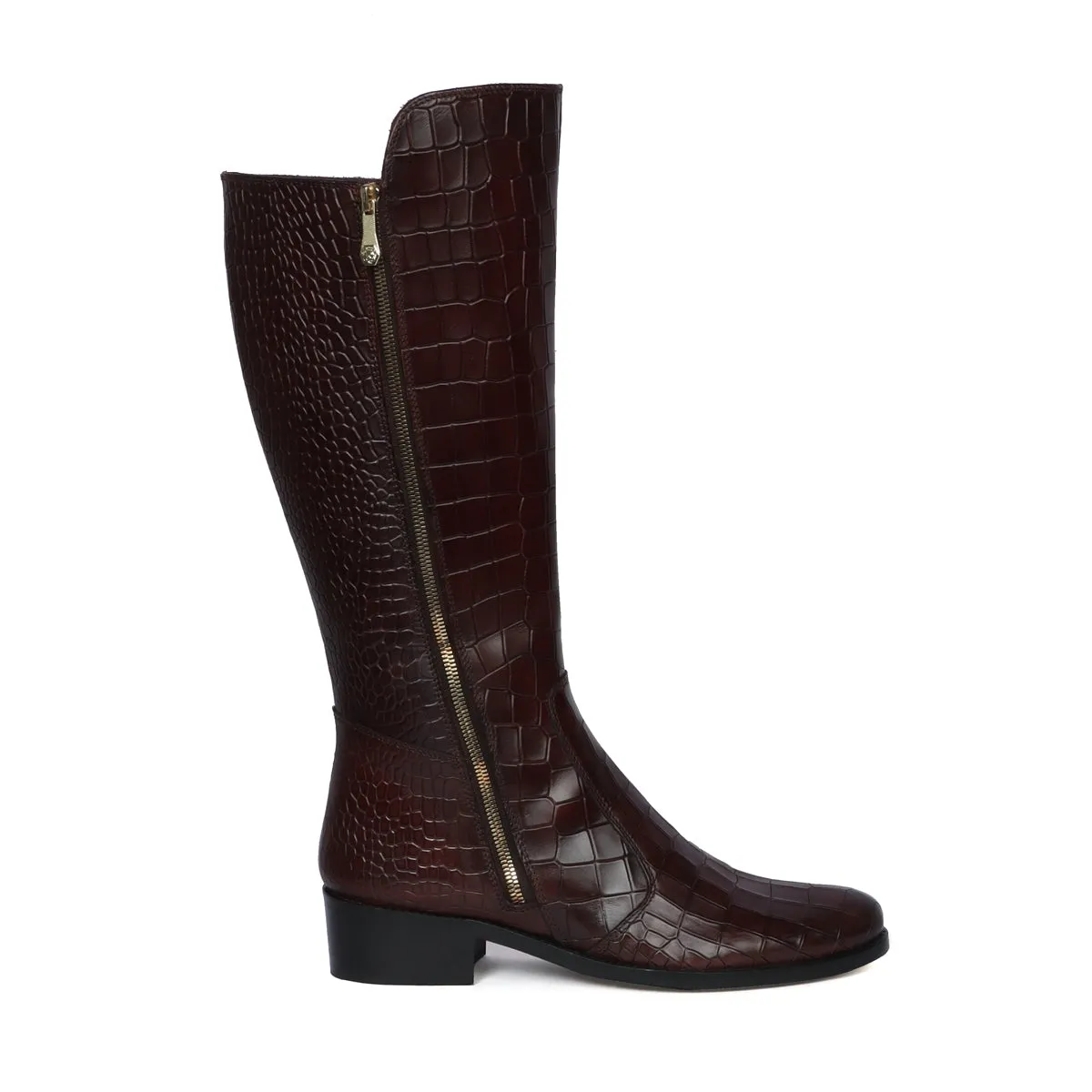 Cut Croco Textured Dark Brown Leather Ladies Long Zipper Boots With Leather Sole By Brune & Bareskin