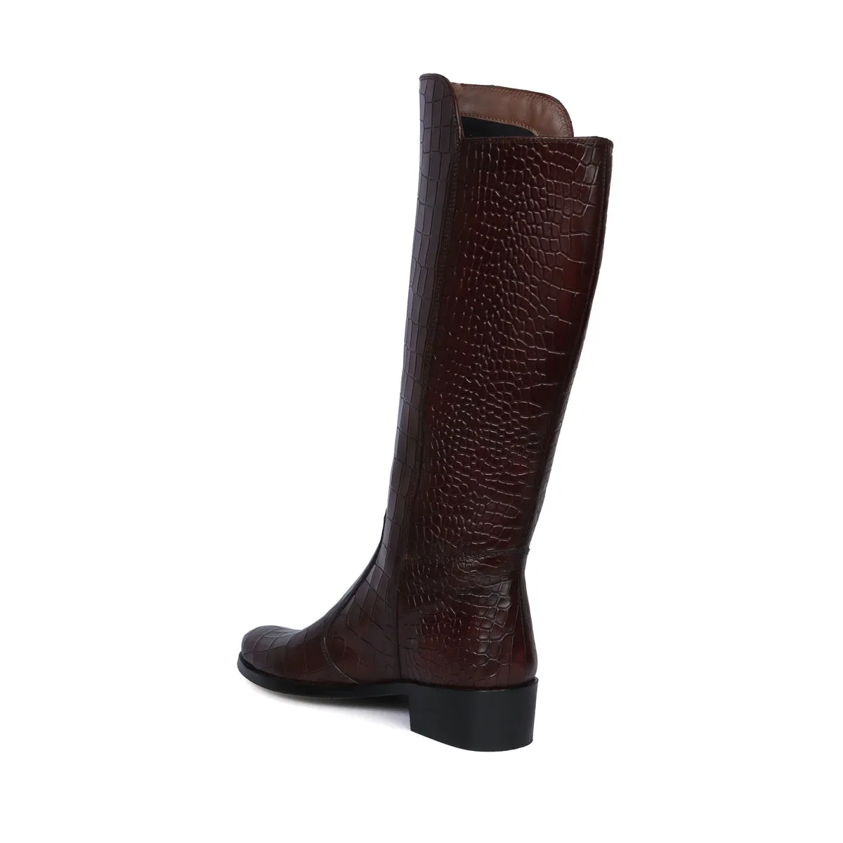 Cut Croco Textured Dark Brown Leather Ladies Long Zipper Boots With Leather Sole By Brune & Bareskin