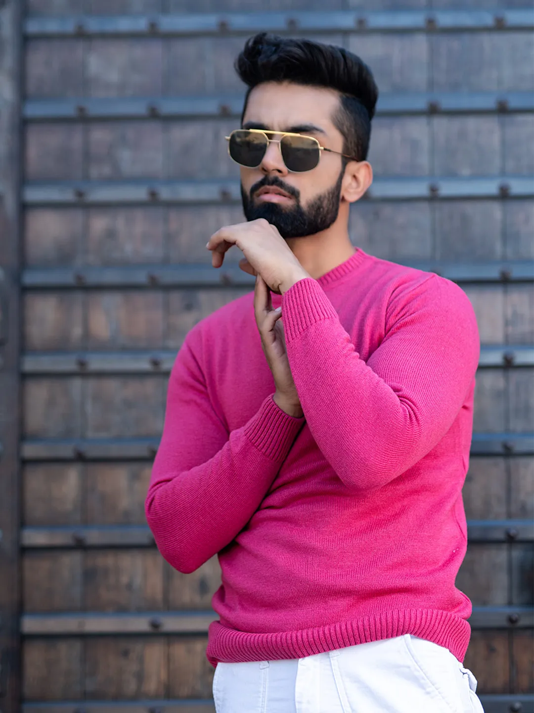 Dark Pink Color Crew Neck  Sweater