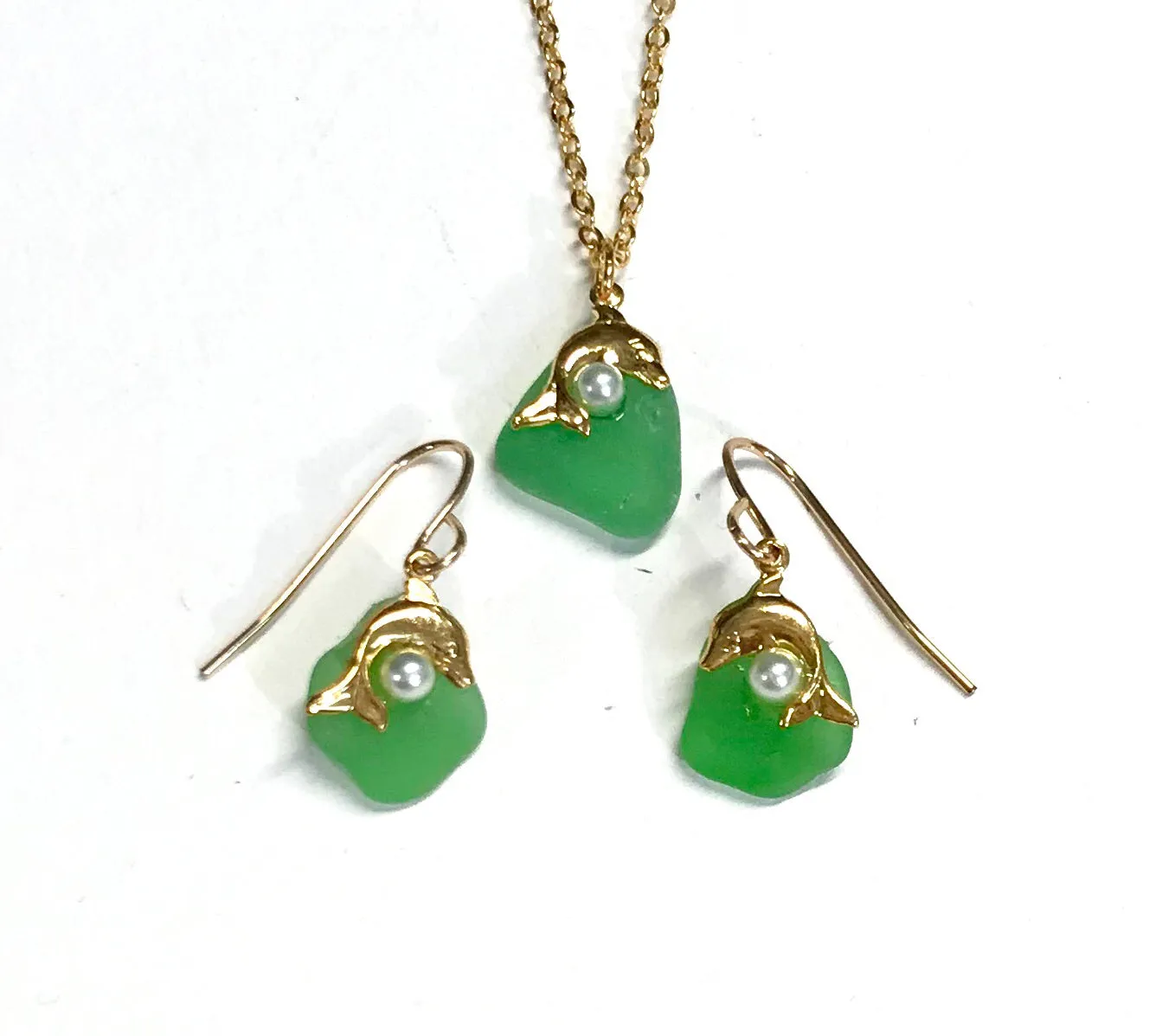 Dolphin Earrings and Necklace Set with Green Seaglass