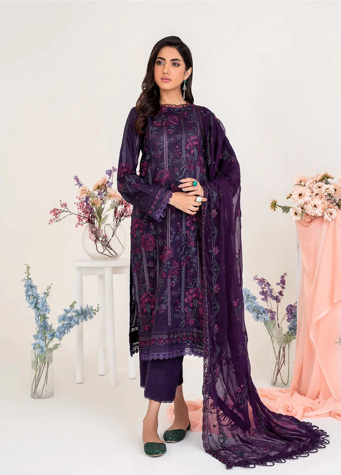 Eid Edition by Zarif Embroidered Lawn 3 Piece Unstitched Suit ZF23L ZEL-07 PURPLE HAZE