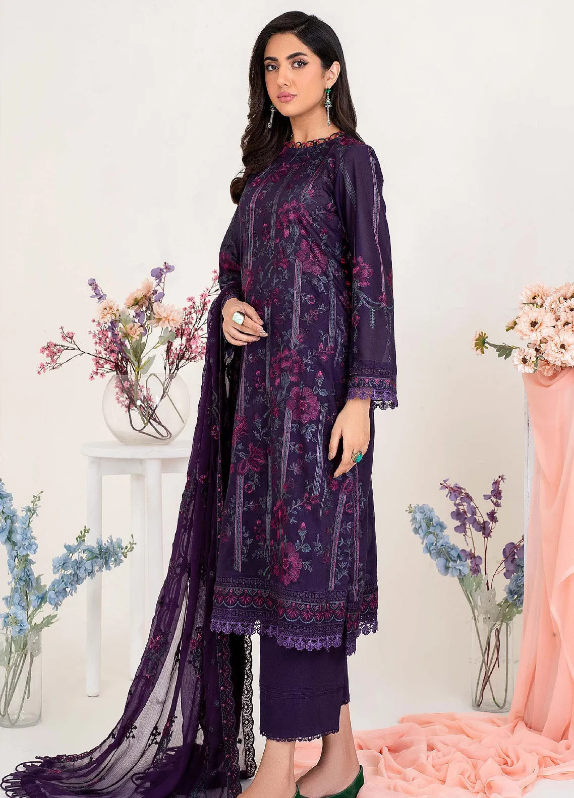 Eid Edition by Zarif Embroidered Lawn 3 Piece Unstitched Suit ZF23L ZEL-07 PURPLE HAZE