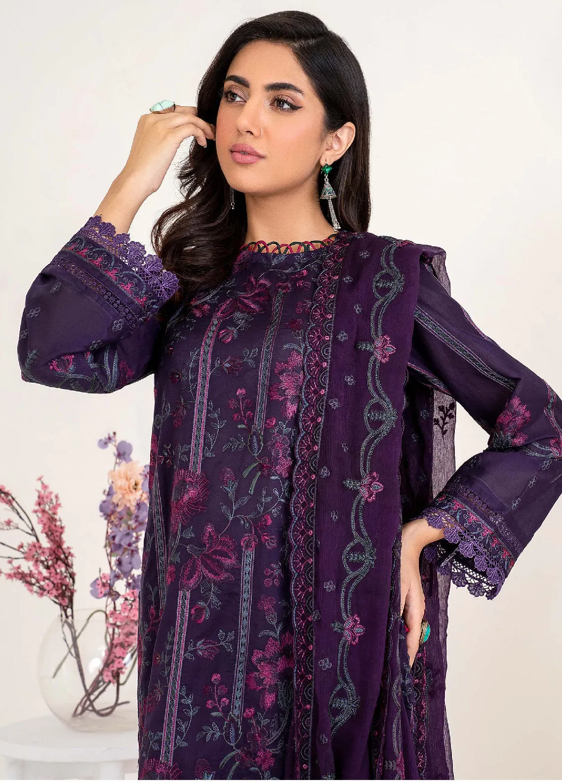 Eid Edition by Zarif Embroidered Lawn 3 Piece Unstitched Suit ZF23L ZEL-07 PURPLE HAZE