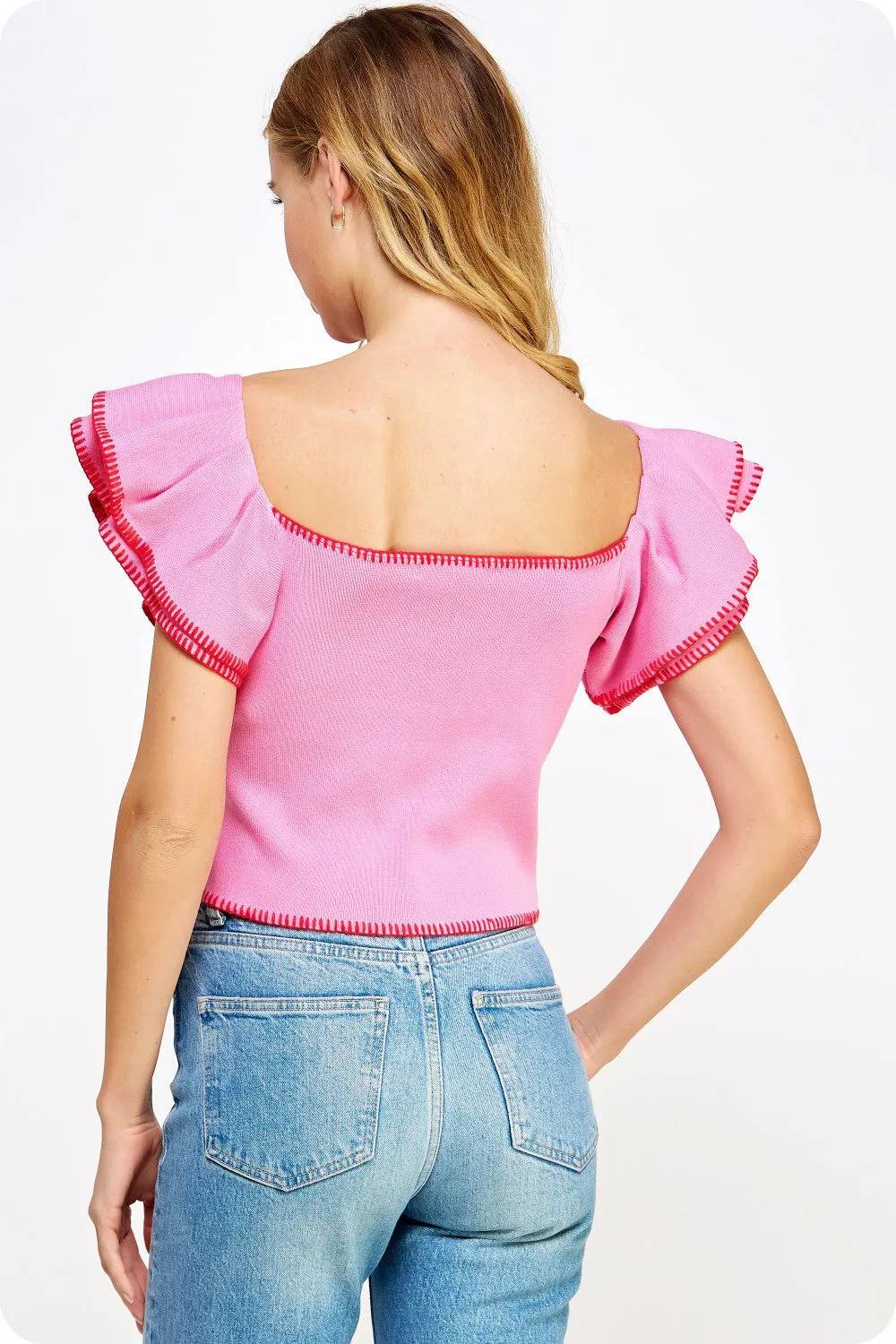 Embroidered Double Ruffle Short Sleeve Knit Top