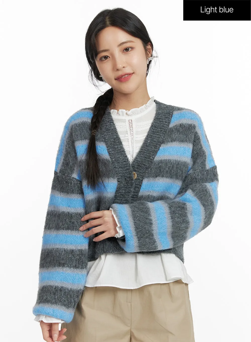 Fuzzy Stripe V-Neck Crop Cardigan OF419