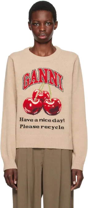 GANNI Beige Cherry Sweater