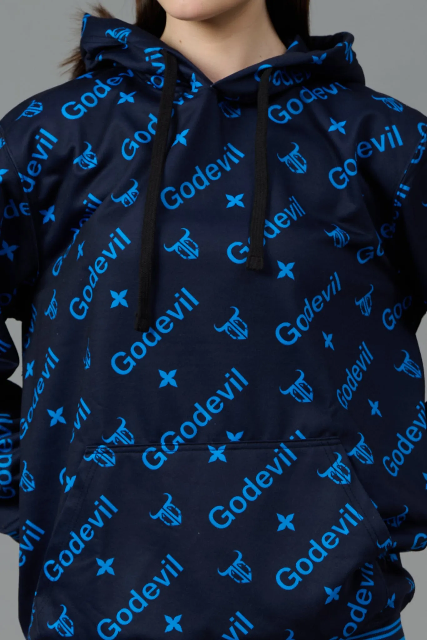 Go Devil All Over Print Blue Printed Black Hoodie for Women